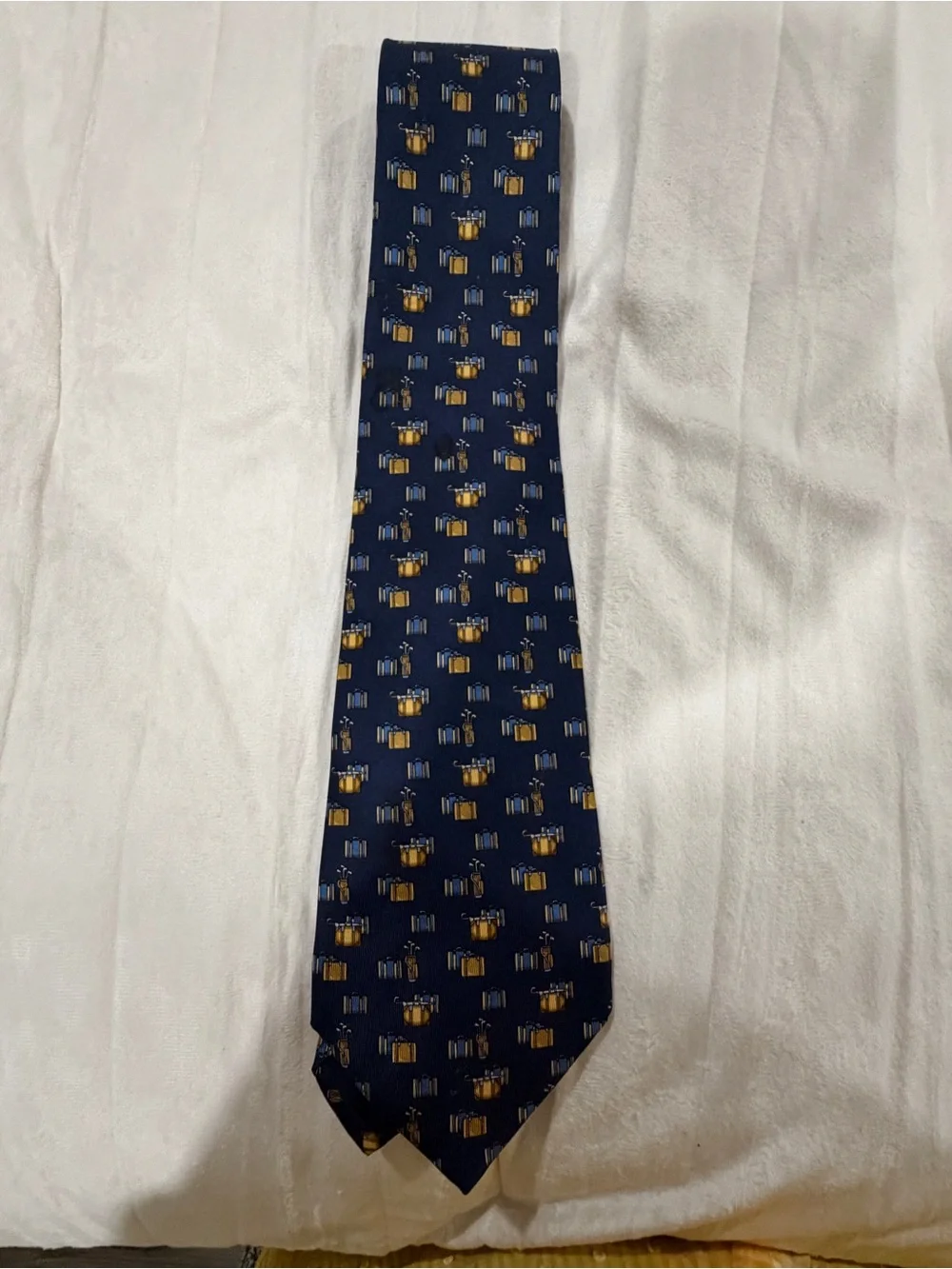 Salvatore Ferragamo Navy Blue Silk Tie with Yellow Accent Pattern